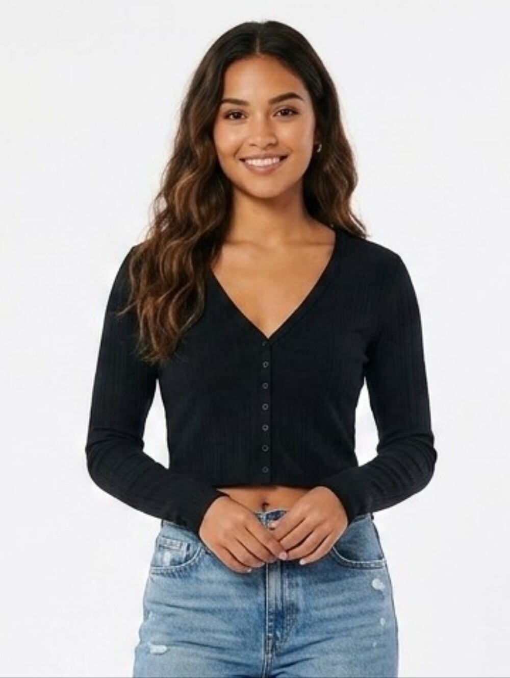 H&M Ribbed V-Neck Button-Front Long Sleeve Top - Black